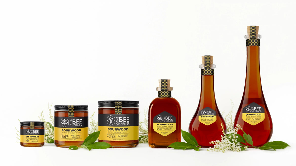 The full assortment of jar and bottle packaging options for the Bee Charmer's Sourwood Honey.