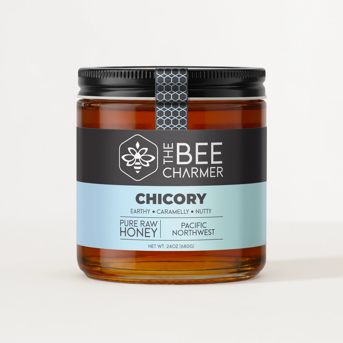 Pure raw Chicory Honey in a signature Bee Charmer branded 24oz wide-mouth glass jar.  This is our largest available size.