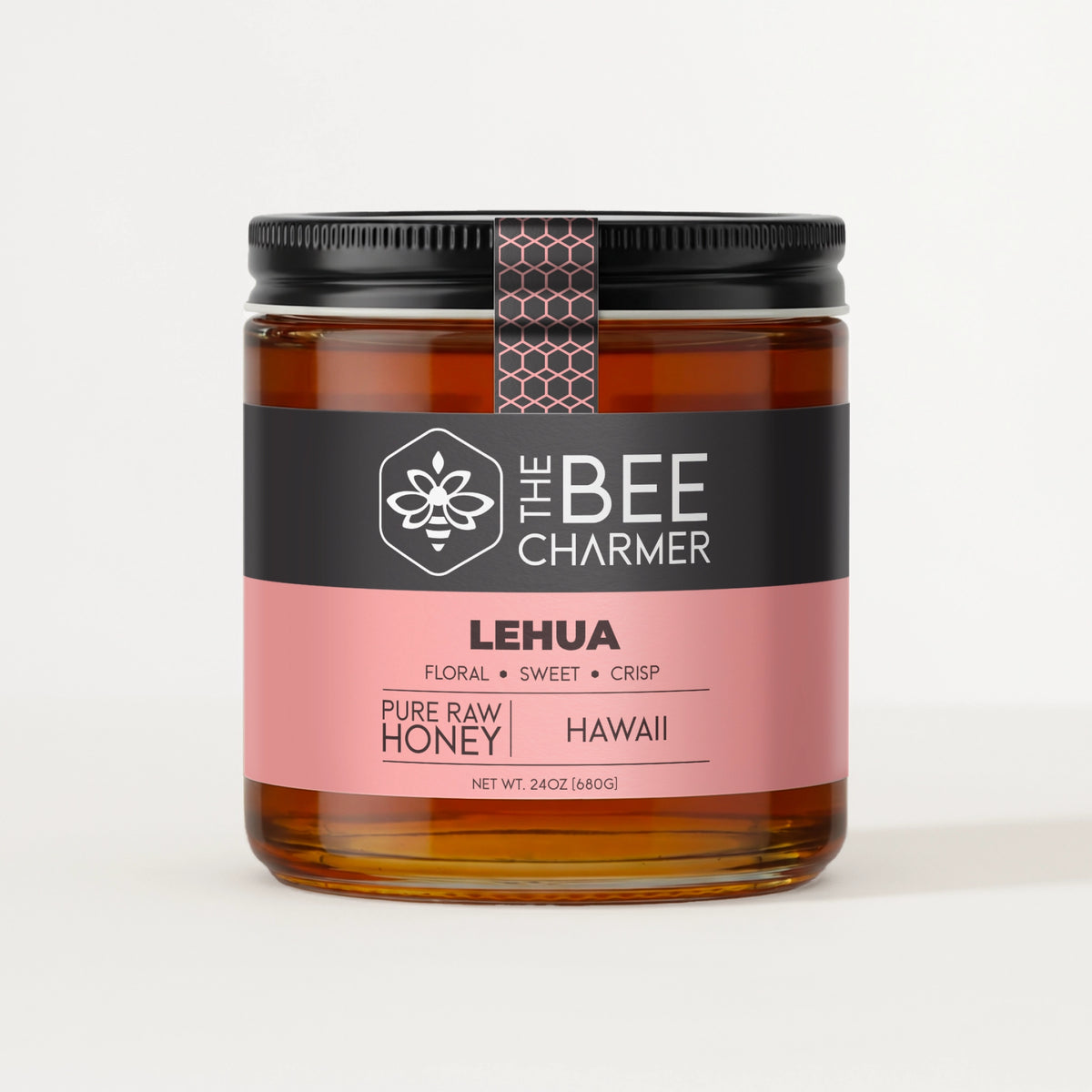 Pure raw Lehua Honey in a signature Bee Charmer branded 24oz wide-mouth glass jar.  This is our largest available size.