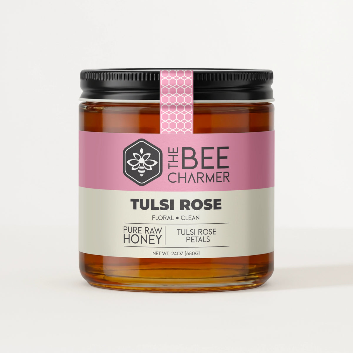 Tulsi Rose Honey in a signature Bee Charmer branded 24oz wide-mouth glass jar.  This is our largest available size.