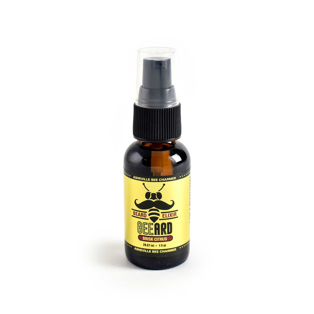 A 1 fl oz pump bottle of The Bee Charmer’s Brisk Citrus scented Beard Elixir.