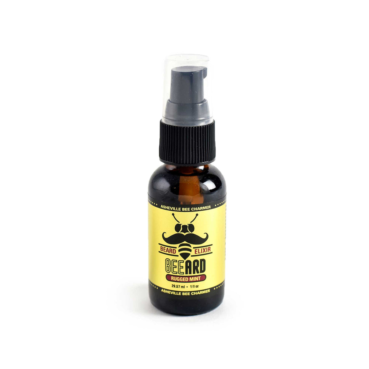 A 1 fl oz pump bottle of The Bee Charmer’s Rugged Mint scented Beard Elixir.