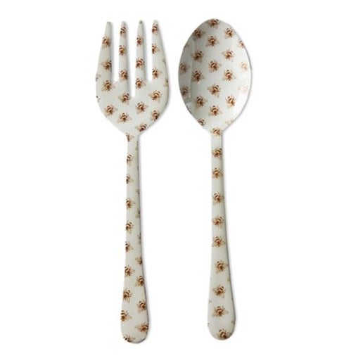 Enamel-coated serving spoon and fork set featuring a vibrant bee design from The Bee Charmer.
