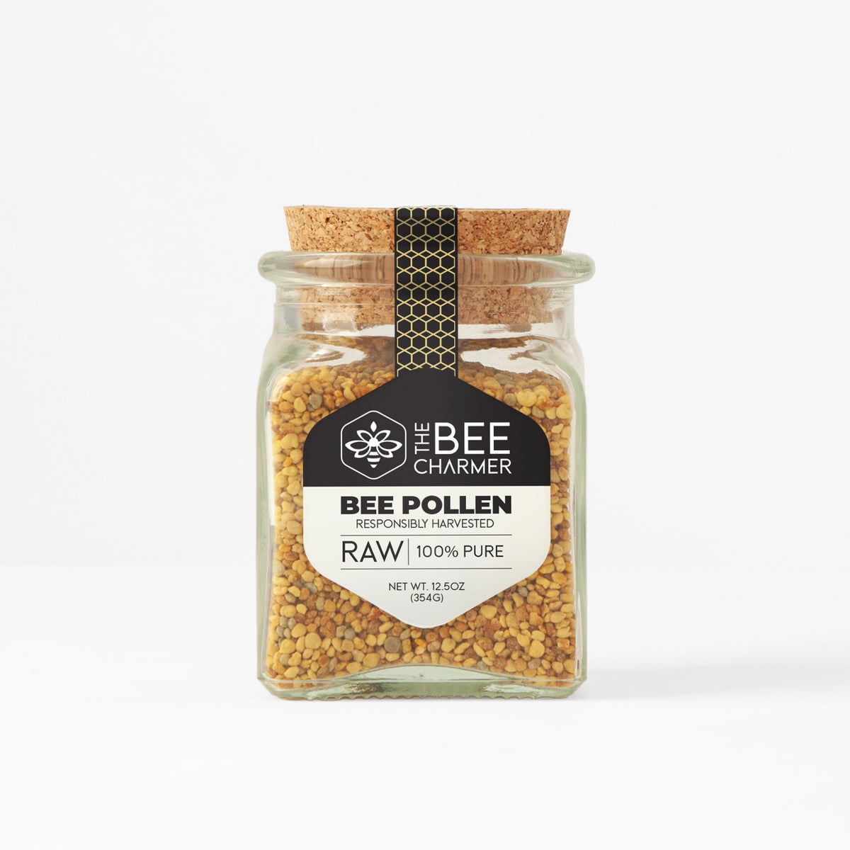 12.5oz glass jar of raw, 100% pure Bee Pollen granules with a cork stopper from The Bee Charmer.