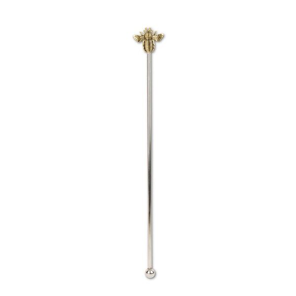 A stainless-steel swizzle stick with a decorative bee handle from The Bee Charmer. Perfect for cocktails.
