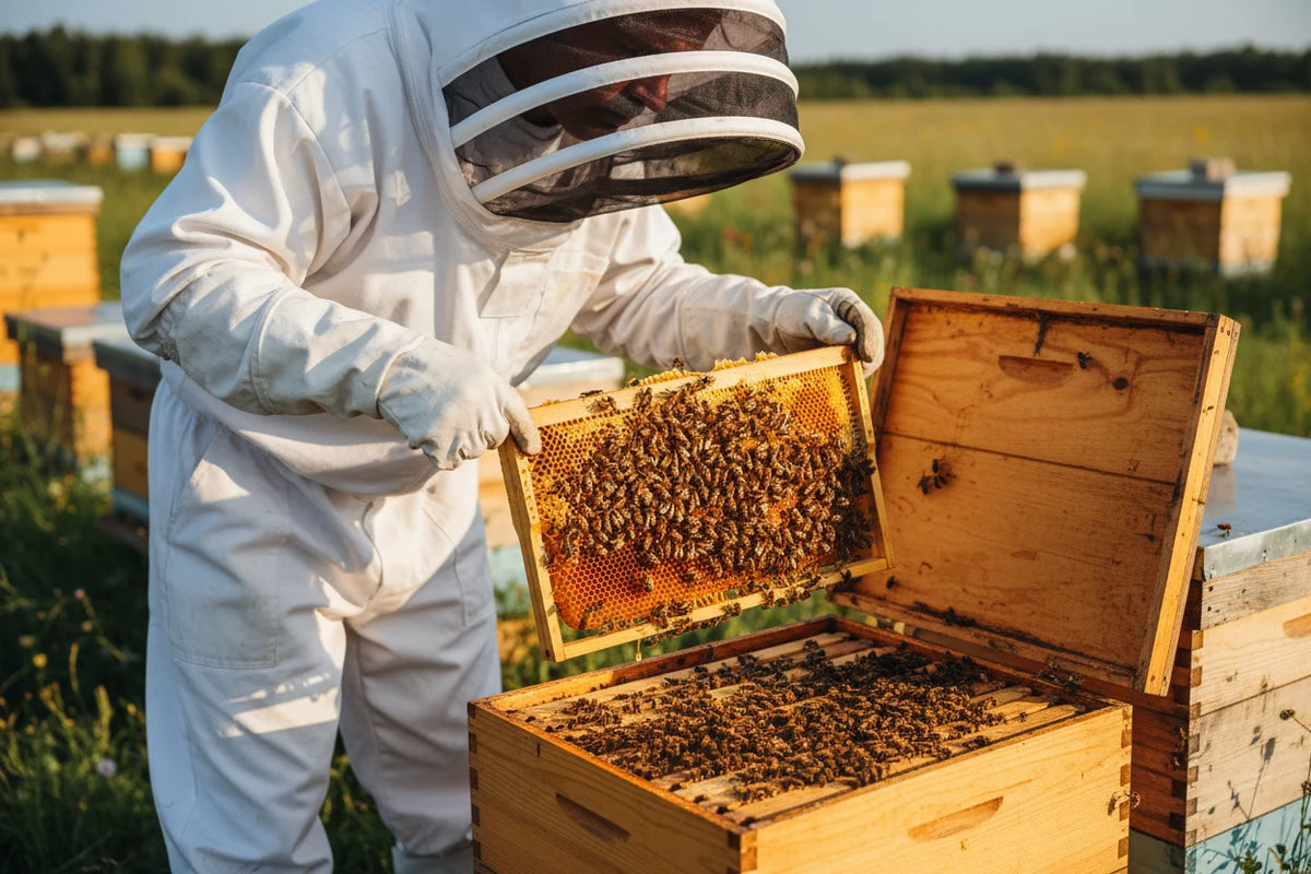 A Bee Charmer's bee keeper working on his hives taking a tray out of the hive to examine the honey.