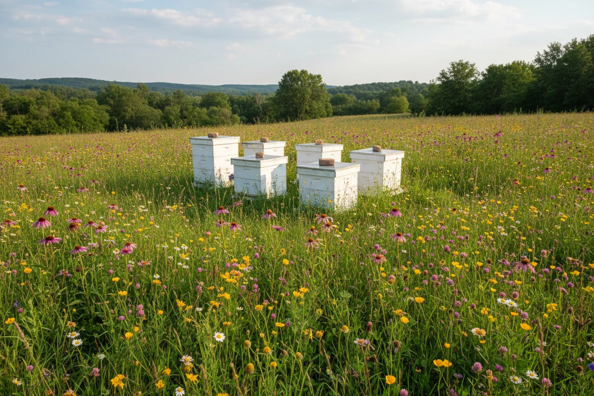 A group of Bee Charmer bee hives in a beautiful meadow with lots of flower blossoms.