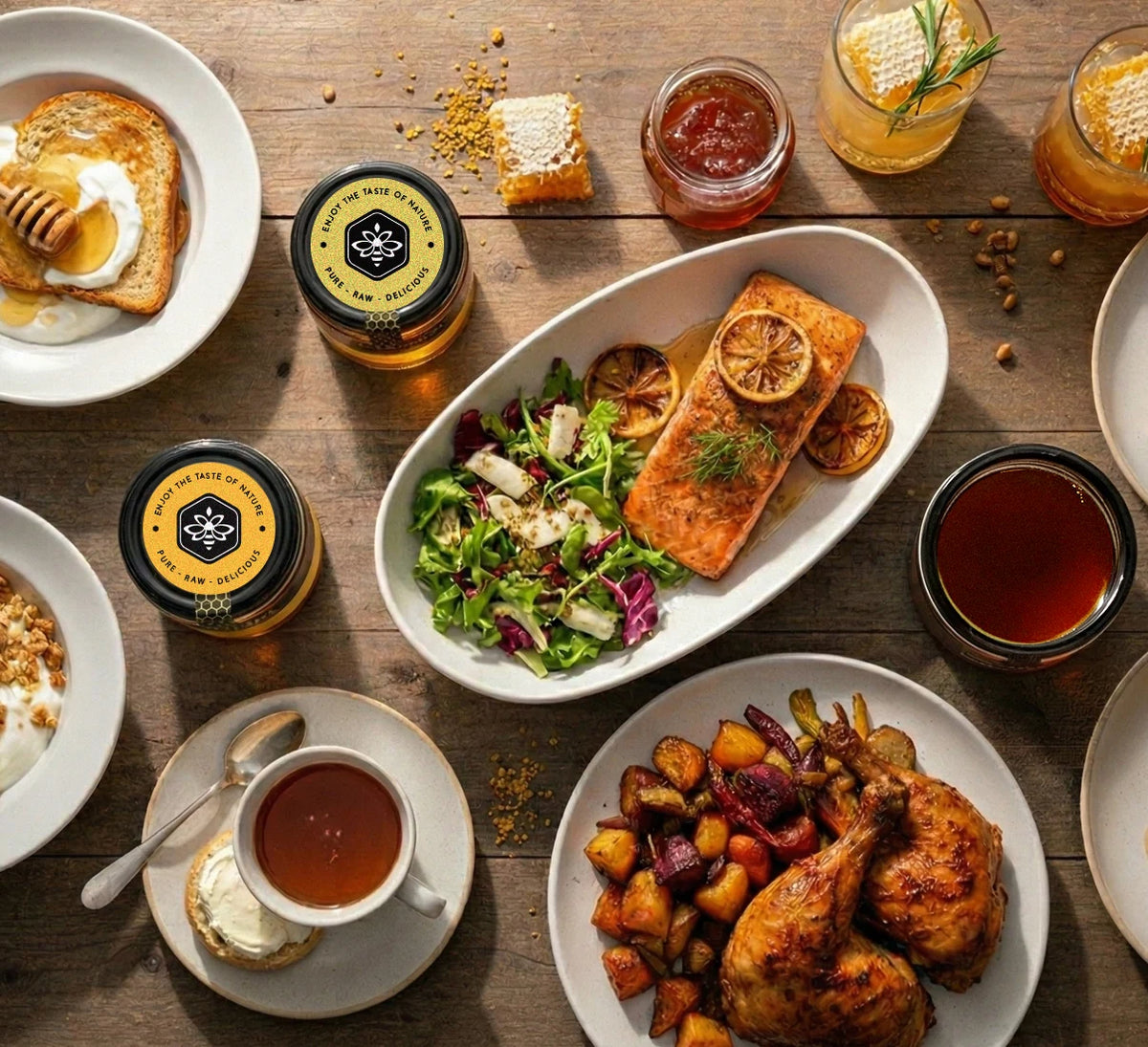 Diverse breakfast and brunch items, including yogurt, toast, salmon, chicken, and tea, all enhanced with Bee Charmer Honey.