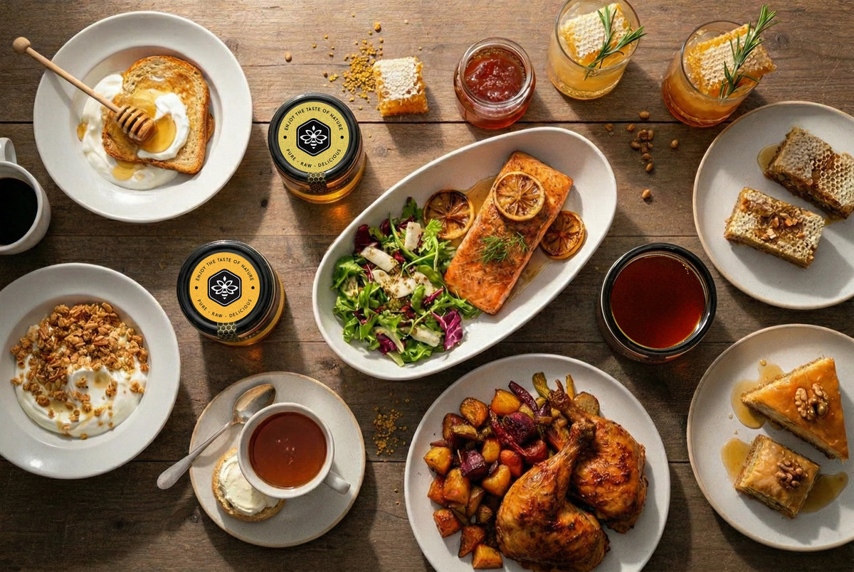 Assorted breakfast, brunch, and dinner food all prepared using The Bee Charmer's honey.  Food and honey jars shown on table. 