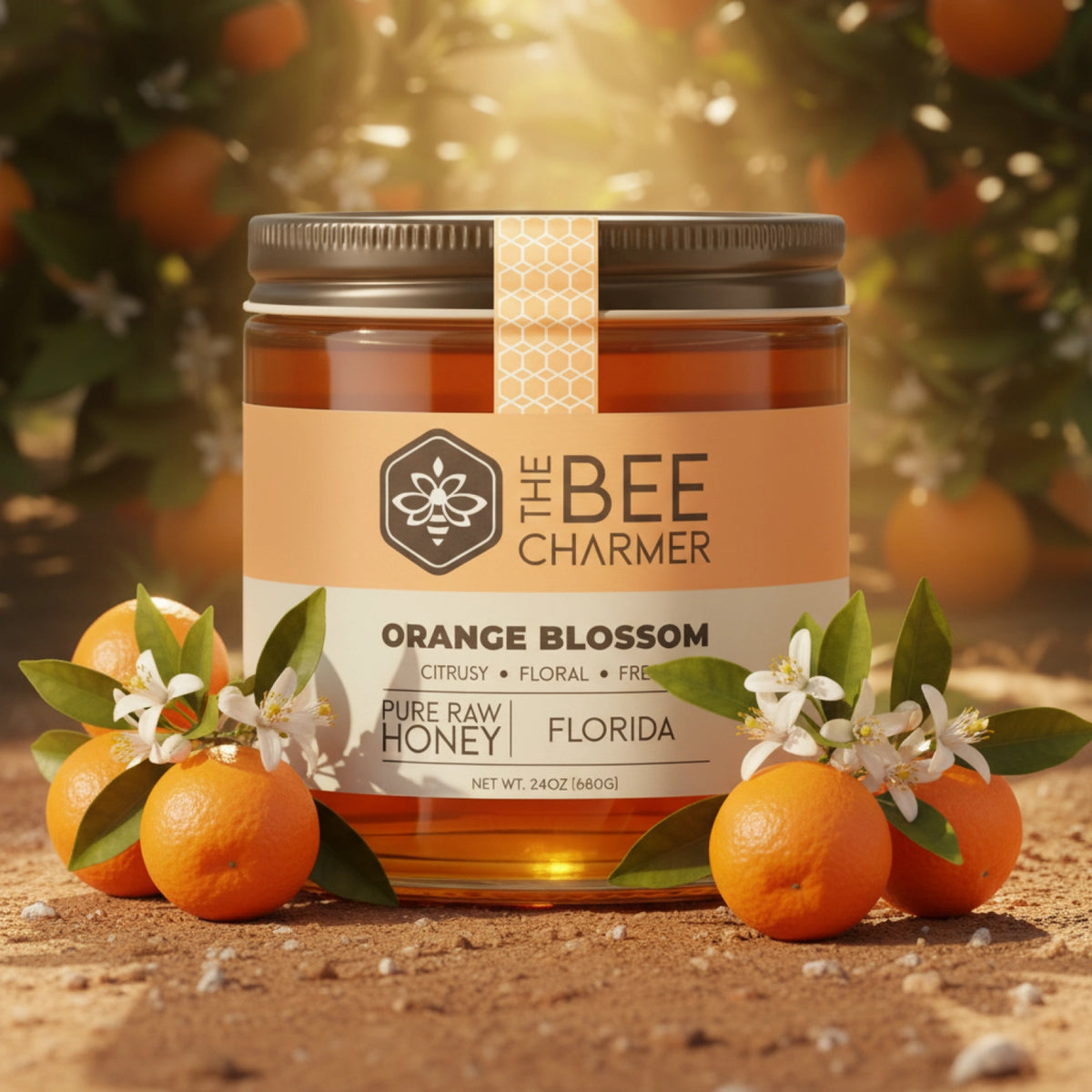 The Bee Charmer 24oz Orange Blossom Honey jar shown with orange fruit and tree blossoms.