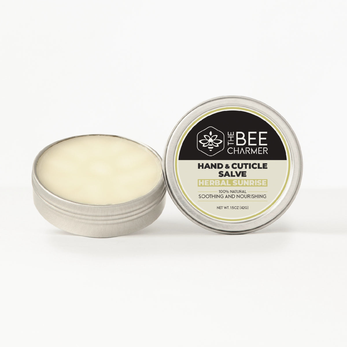 A 1.5oz tin of The Bee Charmer’s Herbal Sunrise scented hand and cuticle salve.
