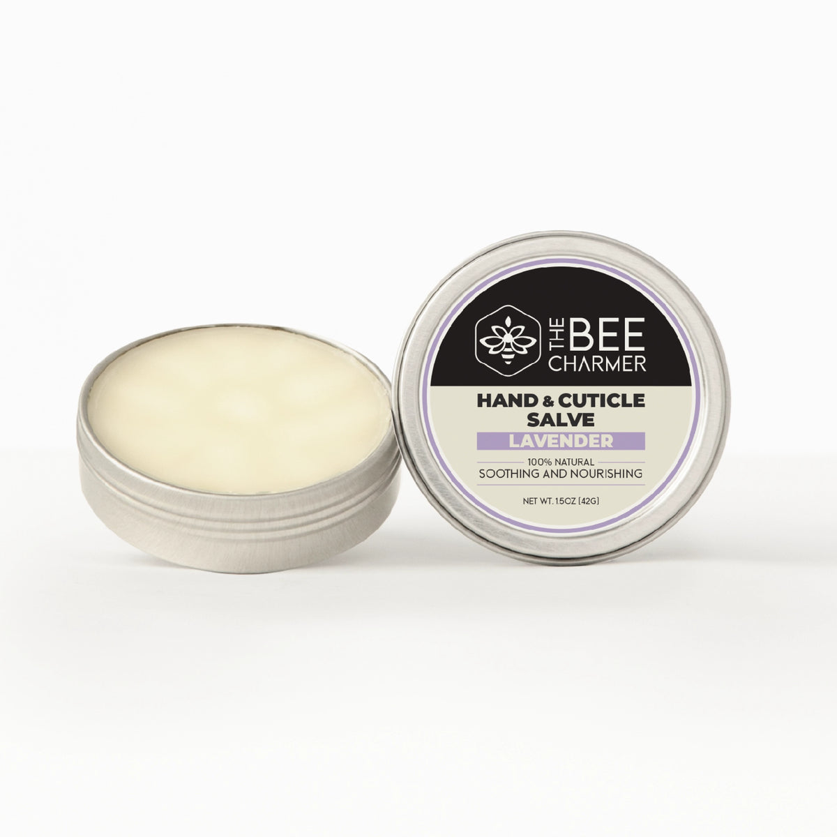 A 1.5oz tin of The Bee Charmer’s Lavender scented hand and cuticle salve.