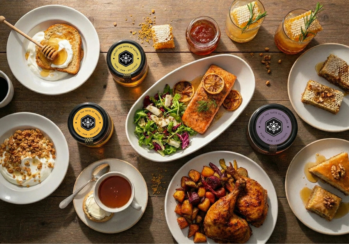 Bee Charmer honey jars shown on a table with assorted breakfast, brunch, and dinner food all prepared using the honey. 