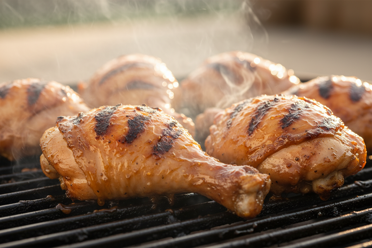 a delicious picture of honey barbecued chicken on the BBQ grill