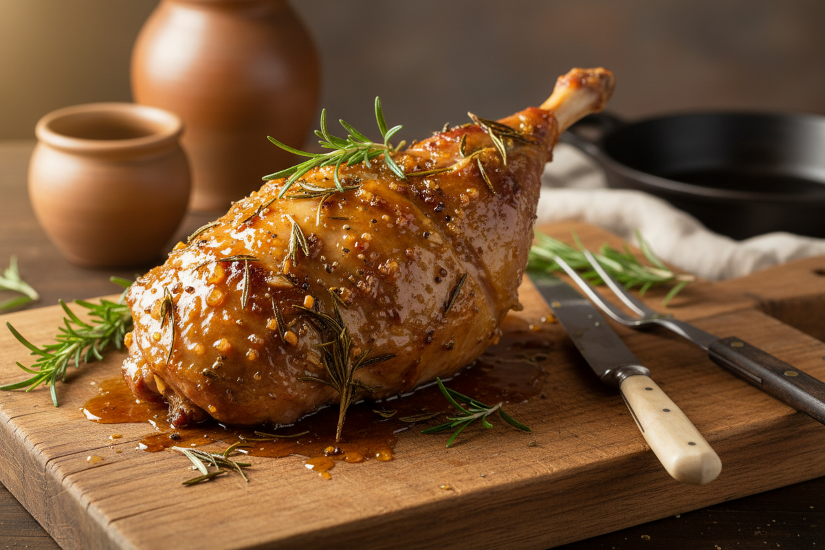 A glazed roasted leg of lamb brushed with Rosemary honey and fresh rosemary, resting on a carving board.