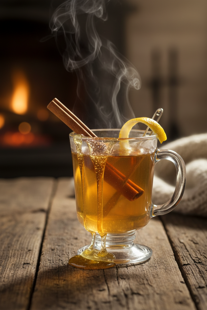 A hot toddy cocktail sweetened with Eucalyptus honey, garnished with a cinnamon stick and lemon peel.