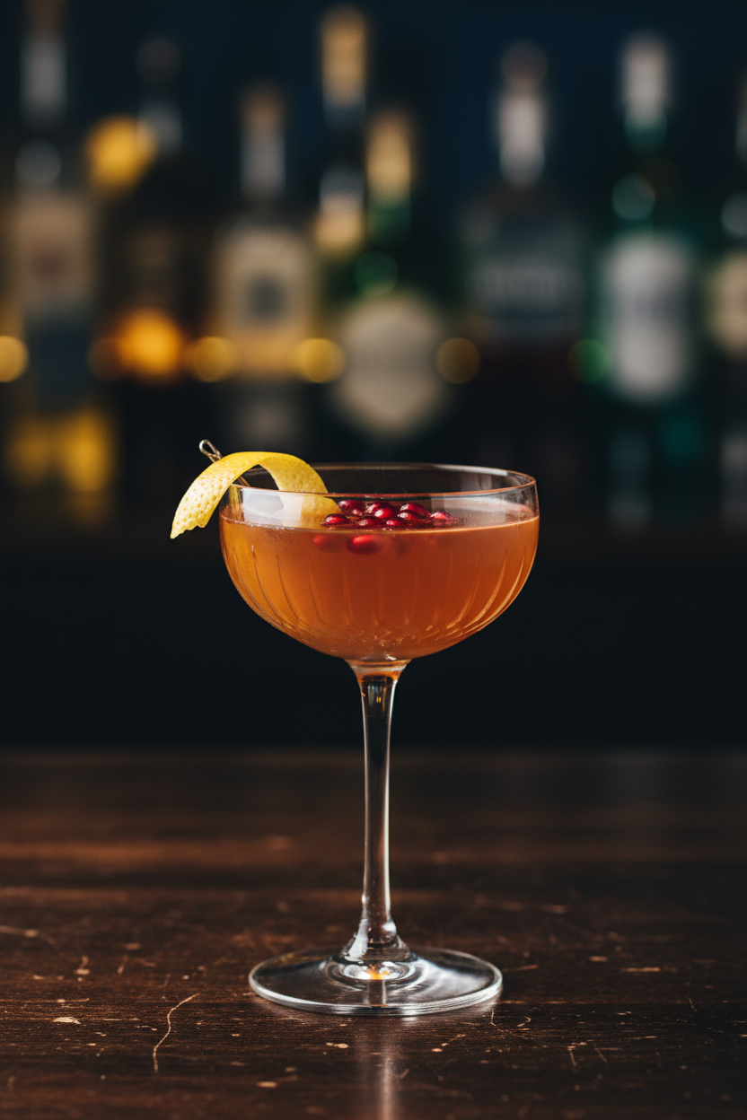 A whiskey sour cocktail sweetened with Pomegranate honey and garnished with a lemon twist and pomegranate seeds.