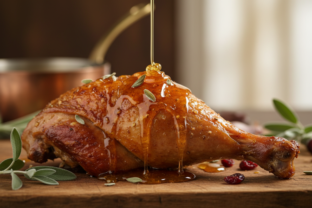 Because of Sage Honey's subtle herbal undertones and slow crystallization rate, it is often preferred by chefs for glazes; drizzled over roasted Poultry (like chicken or turkey) it creates a beautiful, crisp, and mildly-sweetened skin.  Create an image showing the honey over a turkey leg with crispy skin