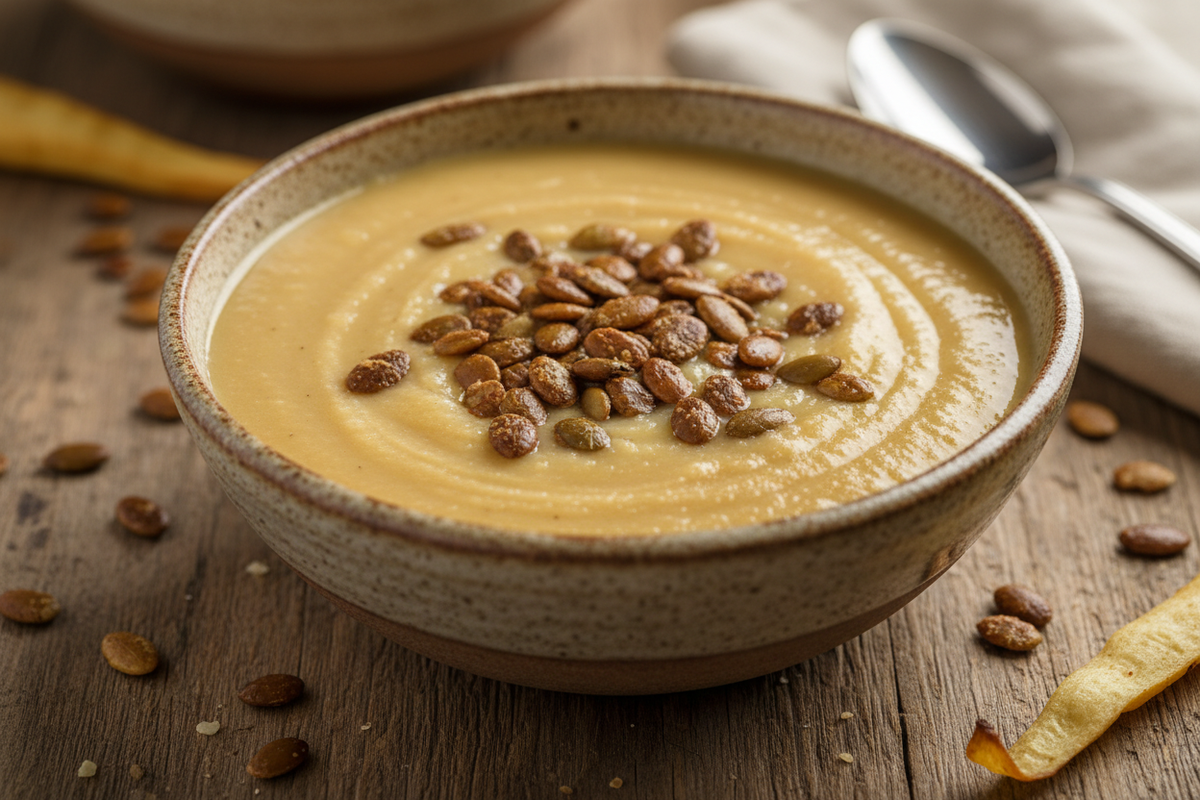 bowl of apple parsnip soup that is topped with roasted pumpkin seeds