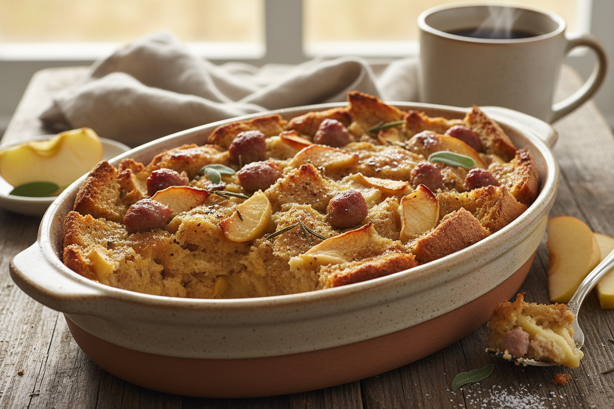 breakfast bread pudding with sausage and apples