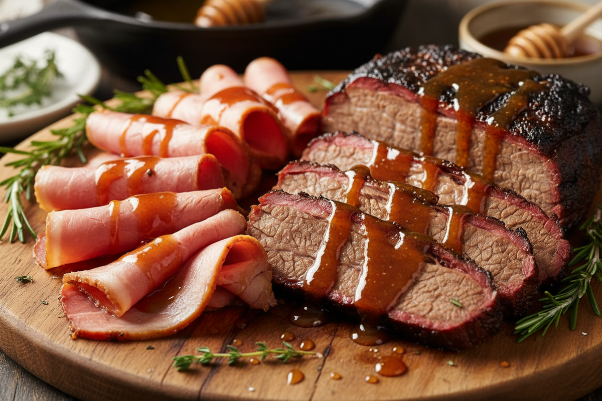 Buckwheat honey's robust nature is also highly valued in savory applications, making it an excellent glaze for roasted Meat like ham, duck, or beef brisket, where it imparts a dark, complex caramelized crust.  Show sliced ham and sliced beef brisket with a glistening honey glaze coating