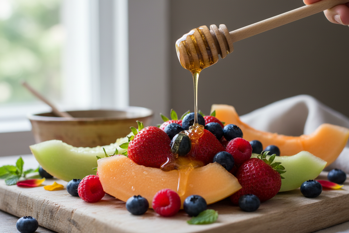 Cactus Blossom honey is delicious drizzled over fresh Fruit (especially berries and melon), allowing the natural flavors of the fruit to remain the focus.  Create an image that depicts the above usage of cactus blossom honey