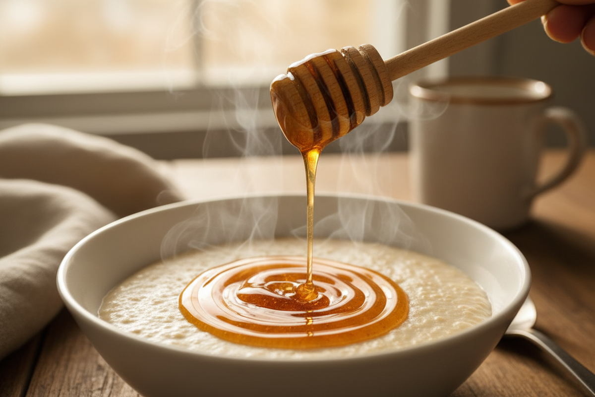 Chai honey is a perfect sweetener for warm breakfast dishes like cream of wheat, instantly transforming a simple meal into a rich, spiced morning treat.  Create an image of the honey being used to flavor a hot bowl of cream of wheat