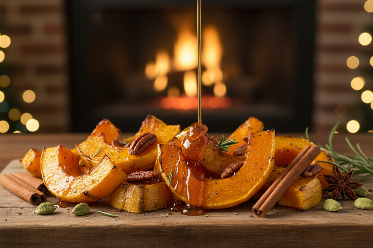 Chai honey's spice profile is a fantastic complement to roasted winter vegetables, particularly Squash (like butternut or acorn), where drizzling the honey enhances the natural sweetness and adds holiday-inspired warmth. Create an image showing the above