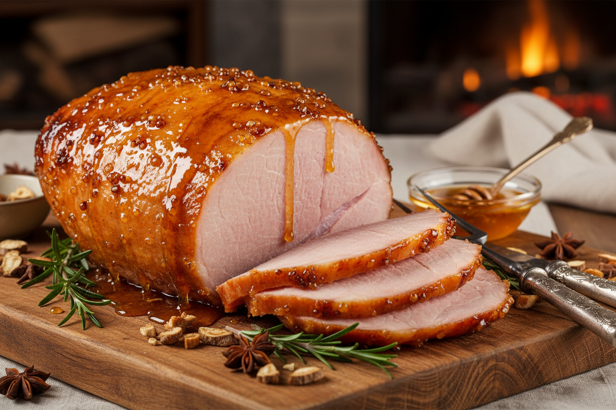 Chicory honey makes a superb glaze for roasted ham.  Create an image of a roasted ham that is partially sliced and glazed with chicory honey