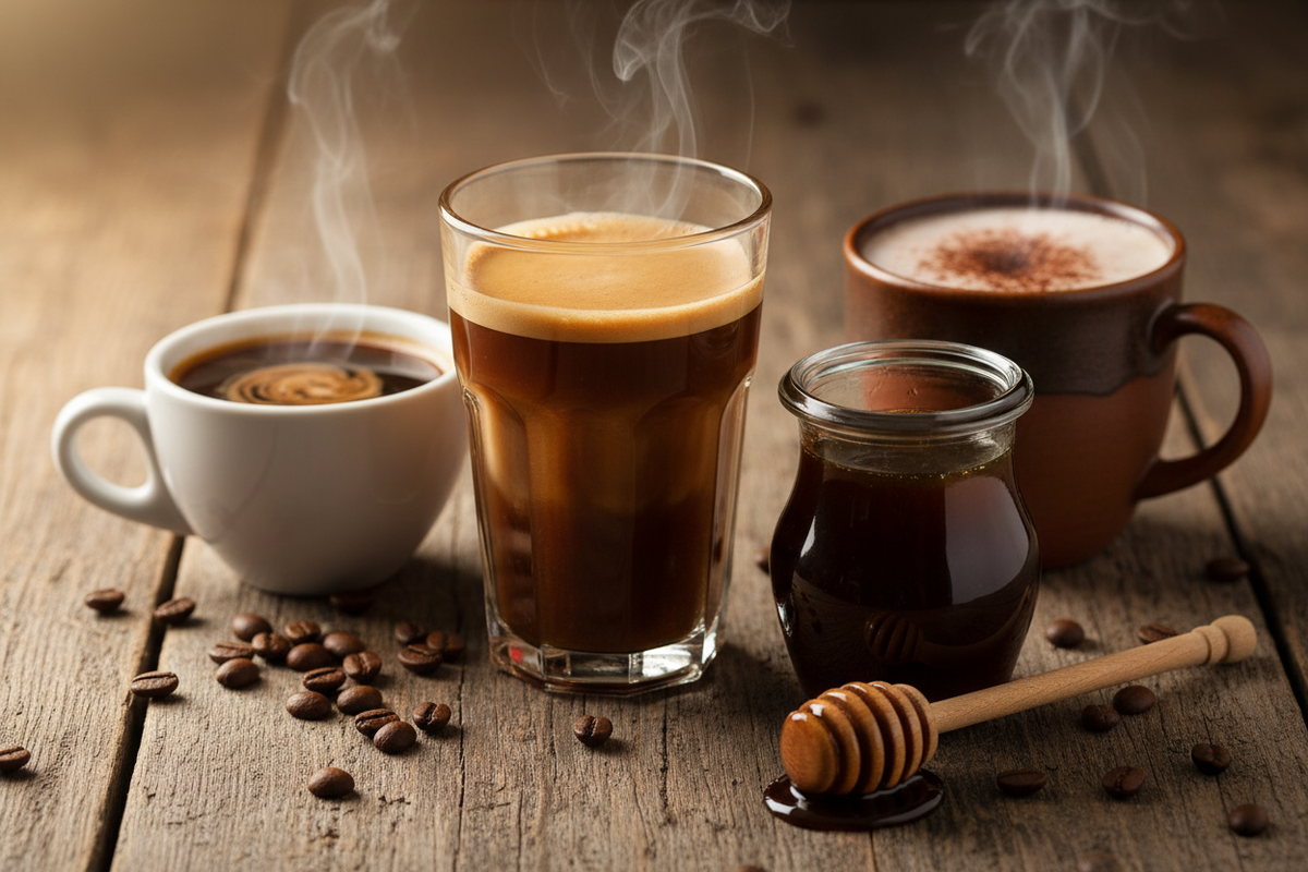 Cocoa honey's smooth, chocolatey profile makes it a perfect sweetener for Coffee (including espresso drinks) or hot milk, instantly giving the beverage a rich mocha flavor.  Create an image of the drinks mentioned above using cocoa honey as a sweetener