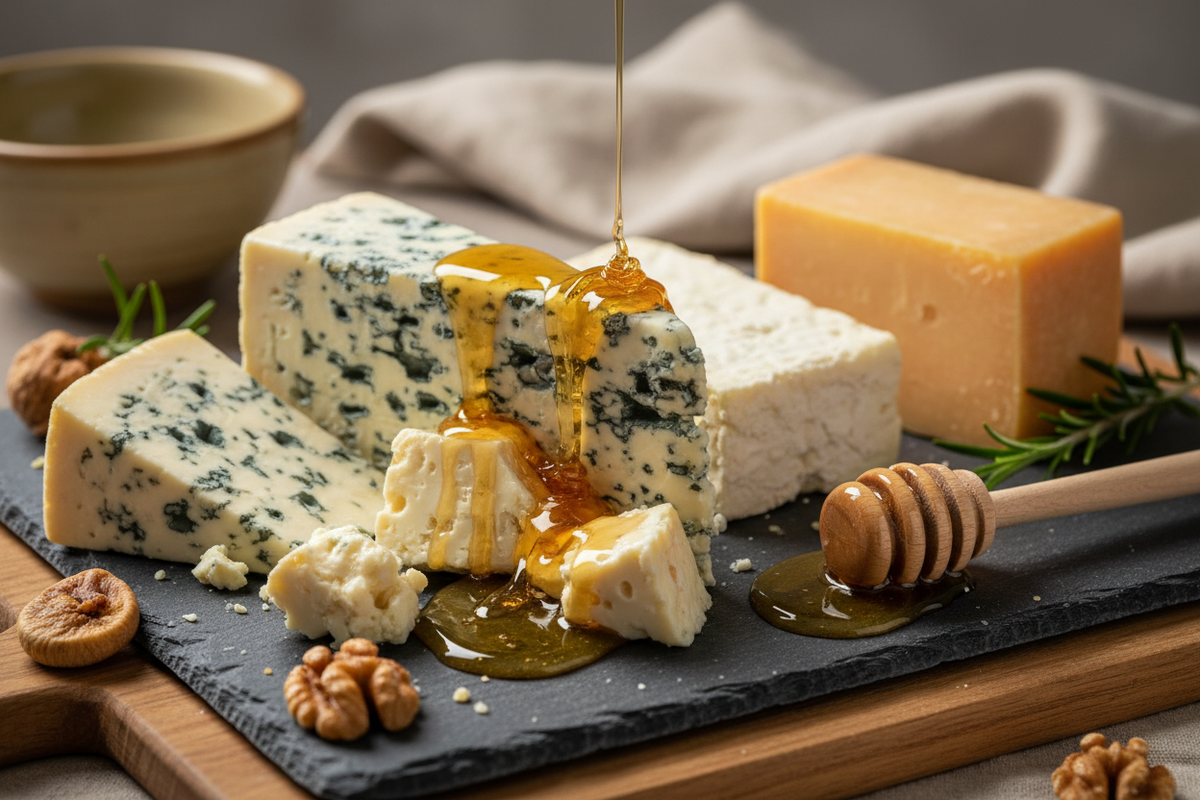 Coffee Blossom Honey's bold, complex flavors make it an exceptional pairing for strong and salty Cheese, such as aged Gorgonzola, Roquefort, or sharp cheddar, where the intense sweetness cuts through the cheese's funk and salinity.  Create an image of these cheeses with the honey