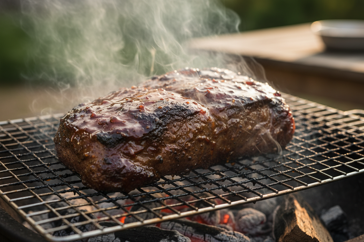 Coffee Blossom honey's robust nature prevents it from getting lost in savory applications; it creates a fantastic, dark, and complex glaze for barbecued Meats, particularly pork ribs or beef brisket.  Show an image of beef brisket being barbecued covered in the coffee blossom glaze