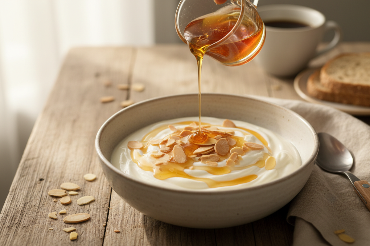 create an image of a morning portion of greek yogurt with slivered almonds drizzled with Sourwood honey