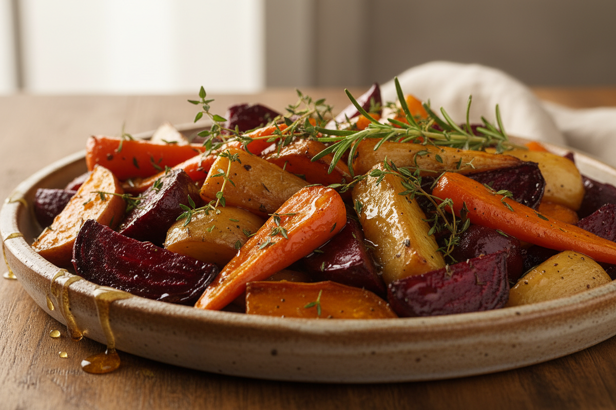 Create an image showing roasted root vegetables covered with a glaze made out of sourwood honey