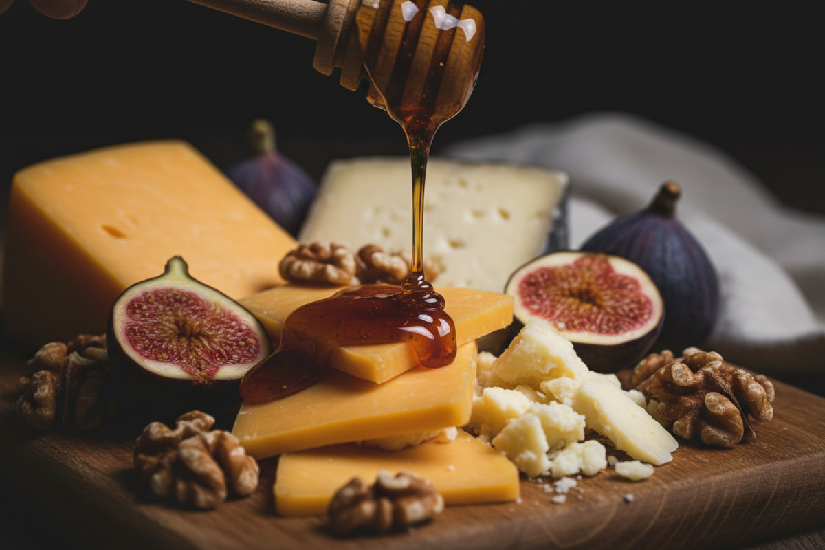 Dark Avocado honey being drizzled over a sharp cheddar and aged Manchego cheese board with fresh figs and walnuts.