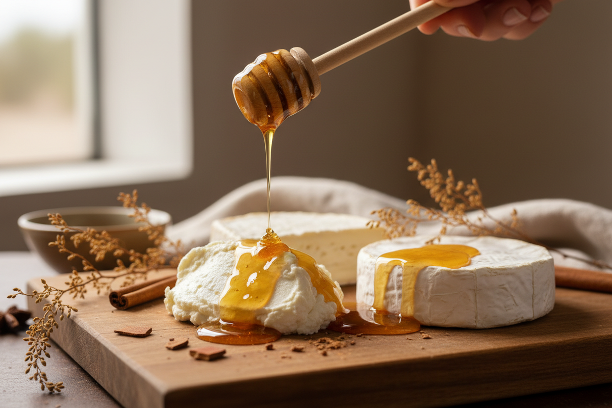 Desert Mesquite honey is known for its mild, slightly buttery flavor with hints of cinnamon, making it highly versatile for both sweet and savory applications. Its delicate profile pairs beautifully with Cheese, especially lighter, soft varieties like chèvre or mild Brie.  Please create an image depicting this.