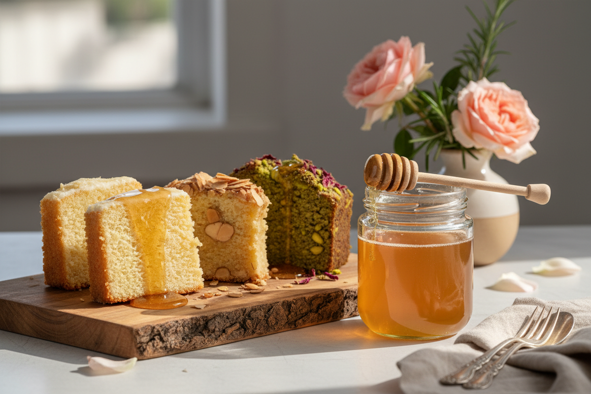 Due to its deeply aromatic and unique profile, Tulsi Rose honey also serves as a beautiful, high-end topping or ingredient in simple Cake or sponge cake recipes, such as a delicate vanilla or almond cake.  Show a sampling of these types of cakes with a light amber honey in a jar nearby