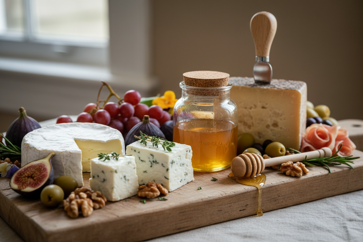 Due to its mild, clean finish, Tupelo honey pairs excellently with artisanal Cheese on a charcuterie board, particularly soft, mild varieties like Brie, Chevre, or Gouda.  Show a charcuterie board featuring the above cheeses and a small jar of unlabeled Tupelo honey