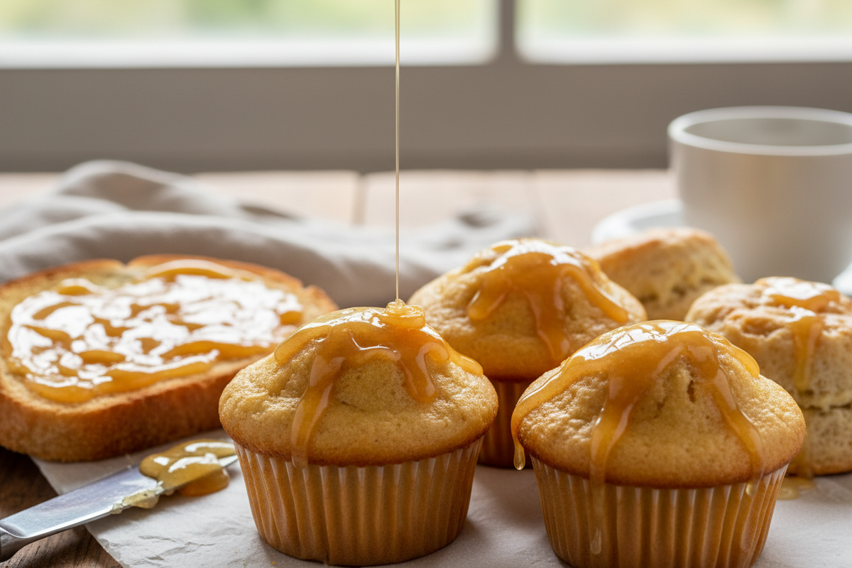 Due to its naturally creamy, spreadable texture, Lehua honey is a favorite to use in place of jam or butter on warm Toast, muffins, or scones.  Create an image of the honey on all 3 of the above.  Feature the muffins.