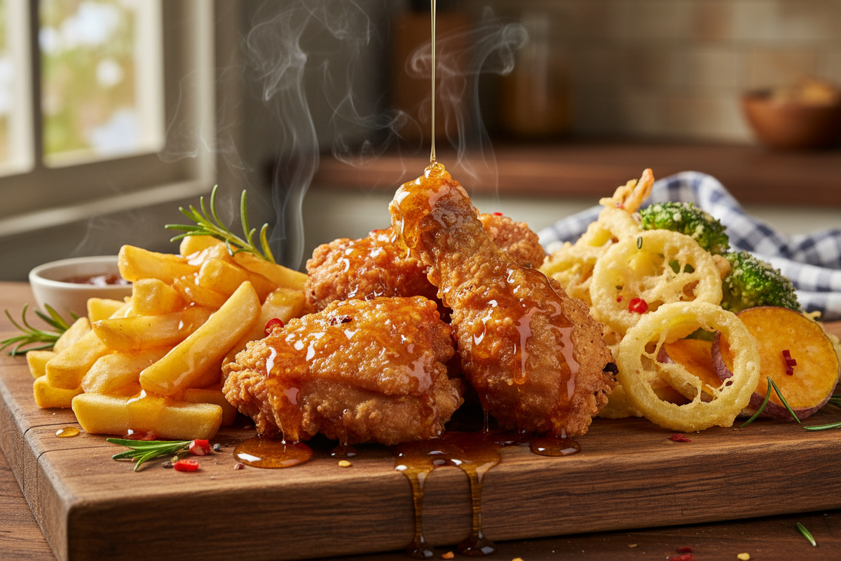 Firecracker Hot honey is also an absolute perfect counterpoint to crispy, salty, Fried foods like fried chicken, French fries, or tempura, providing a welcome blast of sweet heat that elevates the entire dish.  Create an image of a selection of fried foods including those mentioned above with honey as a coating