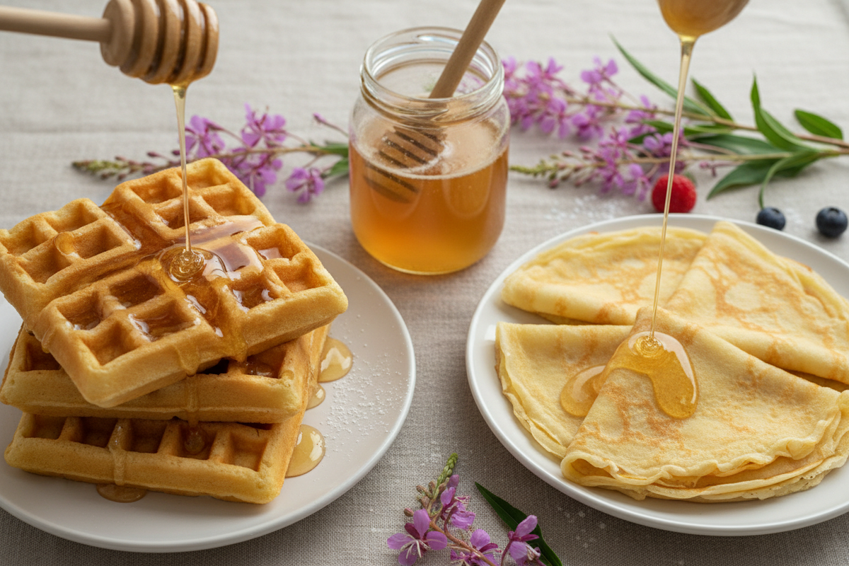 Fireweed honey's smooth texture and mild flavor make it an excellent choice for drizzling over simple breakfast items like Waffles or crêpes.  show the honey being used on both foods.