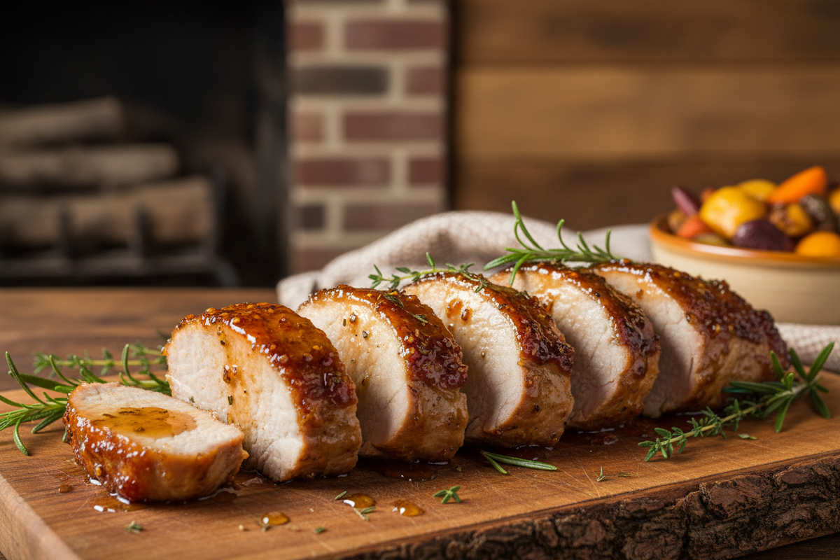 Gallberry honey's rich, mildly tangy profile makes it an excellent choice for glazes and marinades for Chicken or pork, adding a touch of Southern sweetness and a beautiful caramelization.  Create an image of the above focused on the pork