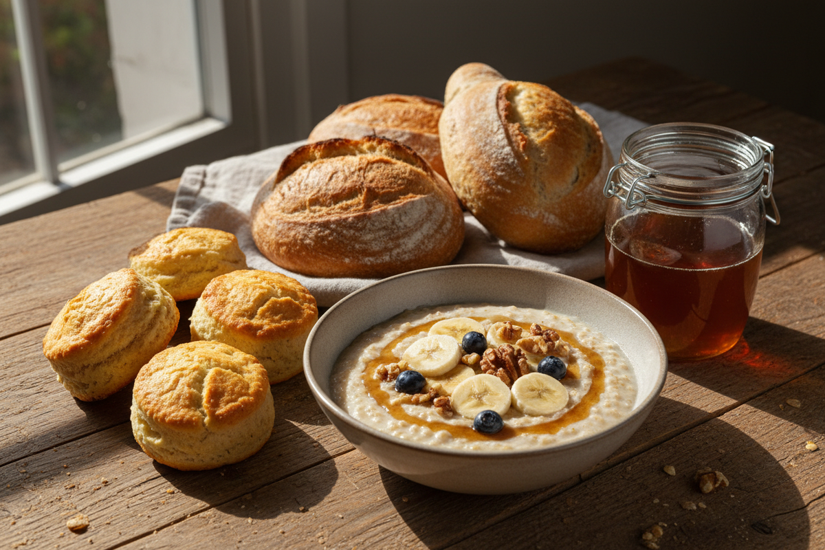 give me an image with a combination of breakfast oatmeal along with freshly baked bread and biscuits with a jar of medium to dark honey next to all of them