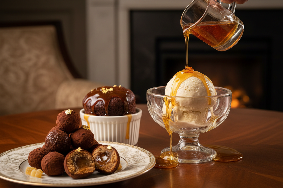 Given its dessert-like quality, Irish Honey with Jameson Whiskey is superb drizzled over Desserts like vanilla ice cream, sticky toffee pudding, or used as a luxurious filling in chocolate truffles.  Create an image of the above foods.  Show the honey on the vanilla ice cream.