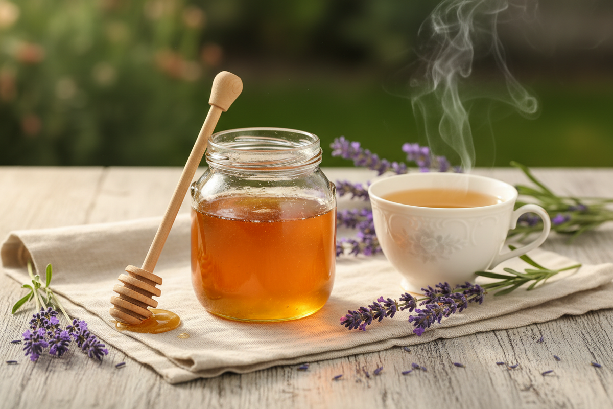 Given its origin and aromatic nature, it is also highly valued as a sweetener for hot beverages like herbal Tea or hot milk, where its floral scent enhances the calming qualities of the drink.  Show a nice tea setting with lavender honey next to it.  No label on the honey jar