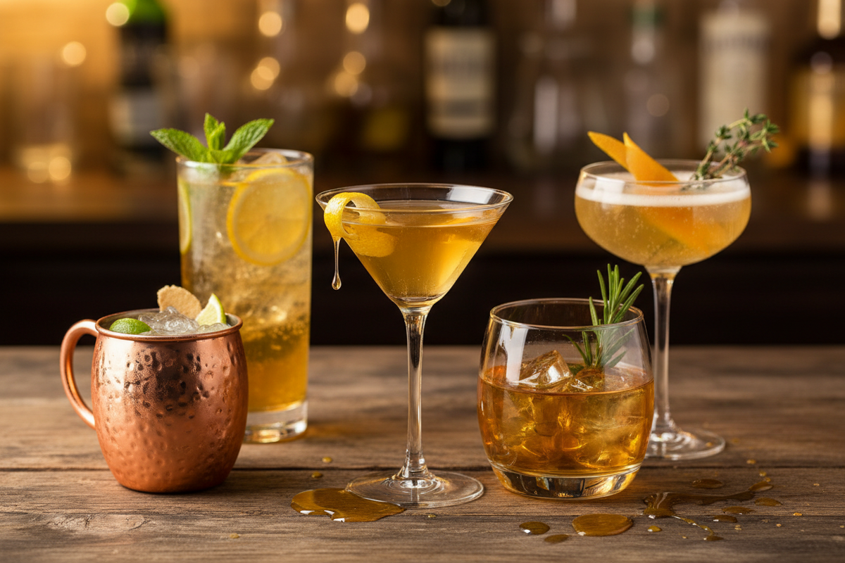 honey infused cocktails in different kinds of glasses