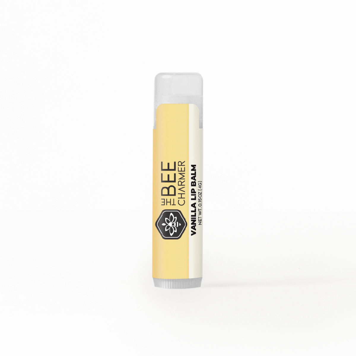 A Bee Charmer branded Vanilla flavored all-natural organic beeswax-based lip balm.