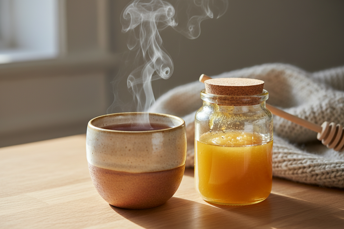 Mānuka honey is most commonly stirred into warm Tea or hot lemon water, where its robust, earthy flavor is still noticeable but is often consumed for functional wellness.  Show a nice cup of warm (steam) tea with an unlabeled jar of Manuka honey next to it