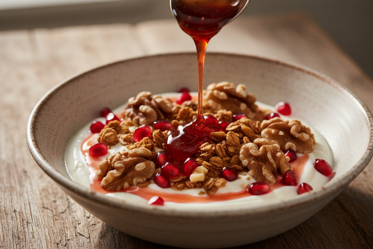 Pomegranate honey being drizzled over thick Greek yogurt in a bowl topped with walnuts, granola, and fresh pomegranate arils.