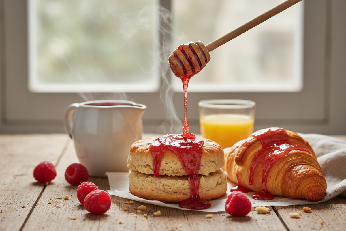 Raspberry honey is exceptional when spread over warm Scones or flaky croissants.  Show an image of this usage.